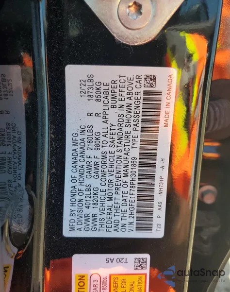 2023 Honda Civic Ex из США, поврежденный, VIN 2HGFE1F78PH301869